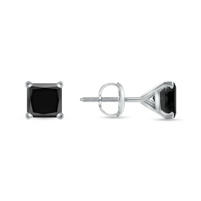 2 Ct Princess Black Created Diamond Earrings Real 14K White Gold Martini Screw - Image 1 of 3