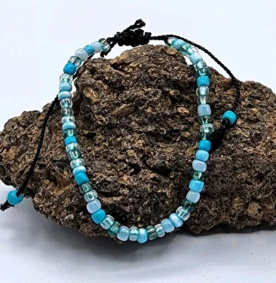 Beaded Anklet Bracelet Silk Cord Adj Glass Beads Beachy BOHO Artisan Turquoise - Image 1 of 4
