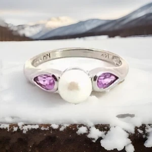 14k White Gold Natural Pearl & Pink Pear Amethyst Gem Art Deco Cocktail Ring Sz6 - Picture 1 of 7