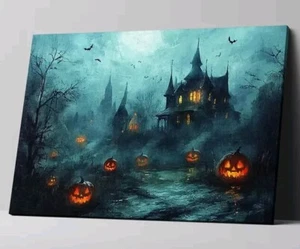 Halloween Spooky Haunted House Scary Pumpkin Canvas Wall Art Decor Framed Print - Picture 1 of 7