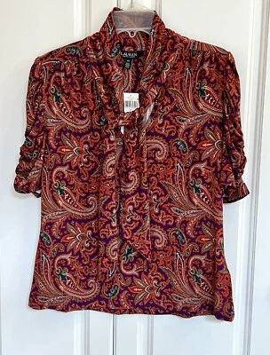 NUEVO CON ETIQUETAS Ralph Lauren Talla Grande Naranja Paisley Jersey Manga Fruncida Cuello Corbata Top Foto 1 de 4