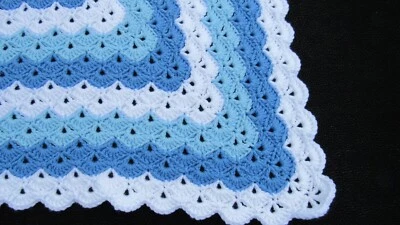 LAST ONE Crocheted Handmade New Beautiful Shells Two Tone Blue Boy Baby Afghan - Image 1 of 4