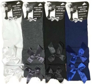 3 6 Pairs Knee High long socks with Bow Detail School Cotton Rich Socks All Size - Picture 1 of 5