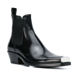 Herren Metall Quadratische Zehenpartie Chelsea Stiefeletten Blockabsatz Anziehbar Echtleder Western - Bild 1 von 8