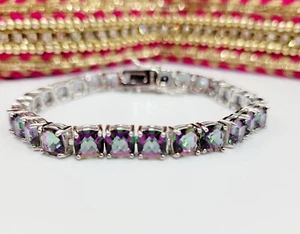 Mystic Topaz Bracelet Rainbow Sterling Silver Cushion Cut 30ctw 7" safety clasp - Picture 1 of 8