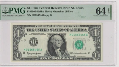 Fr 1900-H NON MULE 1963 $1 FRN H01565465A bp450 PMG 64EPQ ST. LOUIS - Image 1 of 2