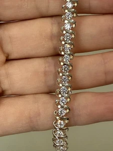 Impresionante Brazalete de Plata 925 Estilo Tenis Clásico Circonita Circonita Redonda Estilo Barra "S" 7.25" - Imagen 1 de 14