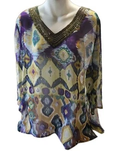 Chicos Women's Top Size 3 V-neck 3/4 Sleeve Colorful Floral Print No Iron - Picture 1 of 10