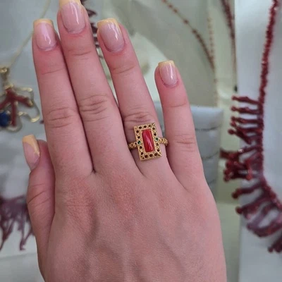 Anello corallo rosso naturale argento 925 placcato oro zirconi verdi donna - Immagine 1 di 4