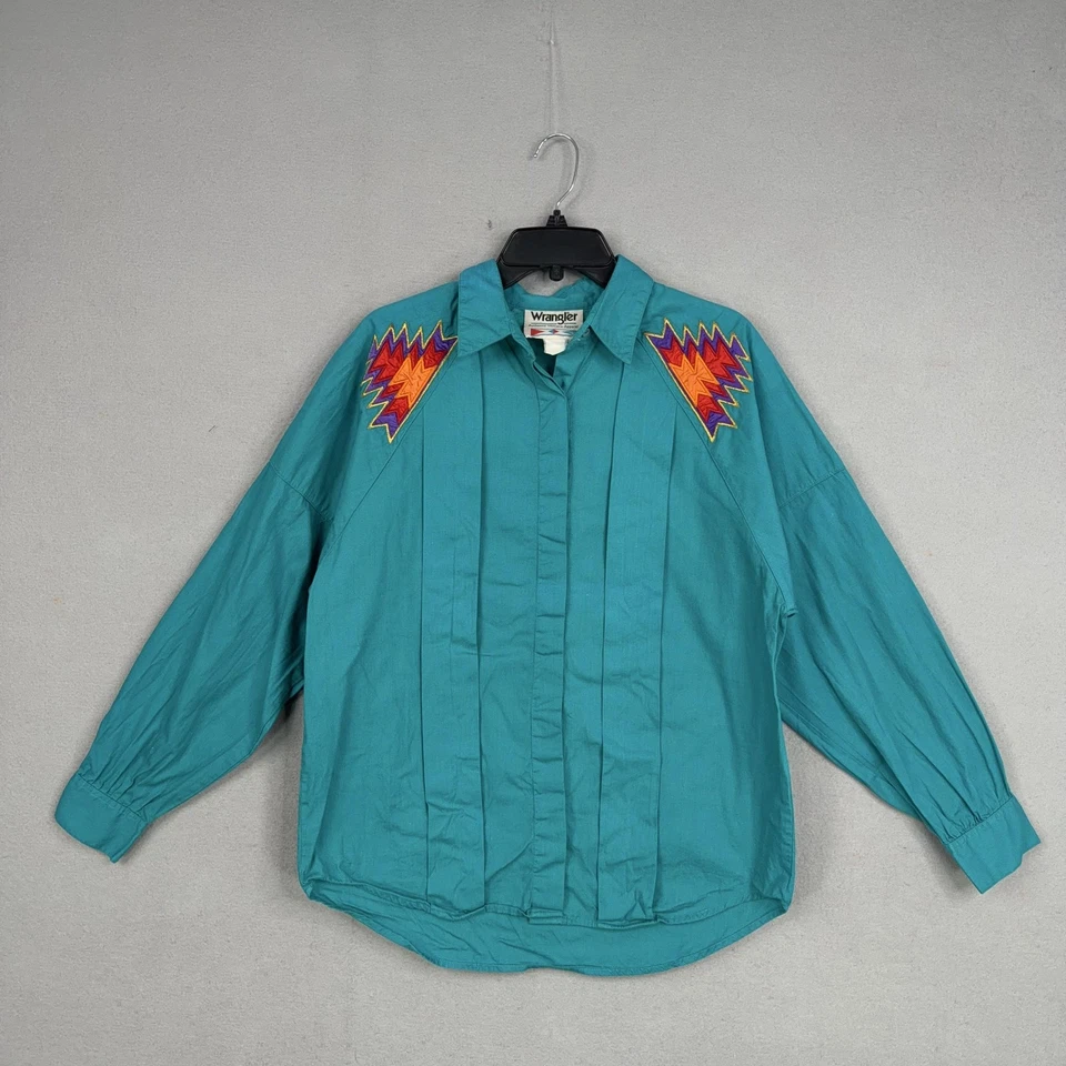 Vintage Wrangler Shirt Womens Large Teal Western Aztec Embroidered 90s Cowgirl - Image 1 of 4