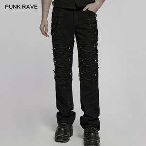 Punk Rave Men Black Gothic Punk Distressed Loose Straight Pants Casual Trousers - Bild 1 von 18