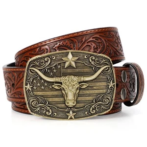 Western Cowboy Belts for Men Women, Mens Western Belt Bull Buckle Country Bel... - Picture 1 of 7