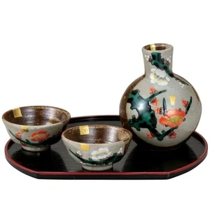 Kutani ware Porcelain Japanese Sake Set Red & White Plum 4-Piece Set with Tray - Picture 1 of 3