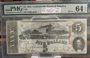 PMG ChUNC64 T-60 1863 Confederate States $5 Civil War Obsolete Banknote Currency - Picture 1 of 4