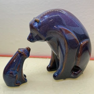 Mid Century Modern Ceramic Bear Mom & Cub Scandinavian Design Purple Brown Glaze - Picture 1 of 10