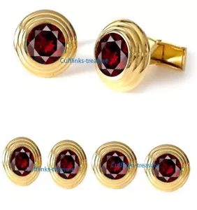 Natural Garnet Gemstone Gold Plated 925 Silver Tuxedo Buttons & Cufflinks set #9 - Picture 1 of 6
