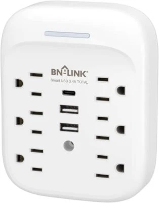 BN-LINK 6 Outlet Extender Multi Plug Outlet with 3 USB Charger Wall Adapter Tap