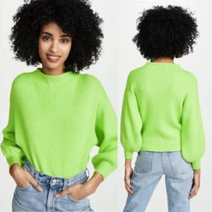 LINE + DOT Neon Green Adler Ribbed Sweater Pullover Balloon Sleeve LARGE - Picture 1 of 10