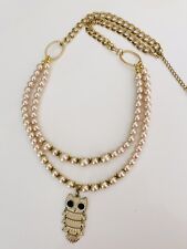 Champagne Faux Glass Pearl&Chain 2Strand Necklace, Brass Rhinestone &Owl Pendant