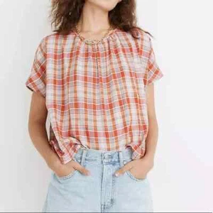 Top cuadrado MADEWELL mediano a cuadros naranja cuello fruncido nuevo precio de venta sugerido por el fabricante 69 USD algodón - Imagen 1 de 8