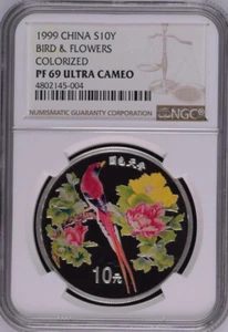 NGC PF69 1999 China Bird & Flowers 1oz Silver Colorized Coin with COA - Picture 1 of 2