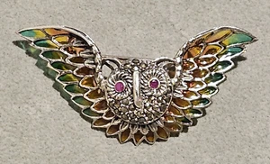 Sterling Silver Owl In Flight Brooch Plique-à-jour Enamel Ruby Marcasite Pin - Picture 1 of 8