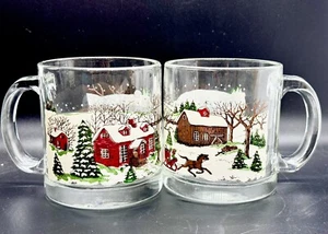 Set of 2 Libbey Christmas "Winter Village" Horse & Sleigh Glass 12oz Mugs - Picture 1 of 5