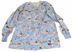 Tafford Easter Scrub Top Small LS EUC Lt Blue W Multicolored Eggs Beans Sz Sm EC - Picture 1 of 11