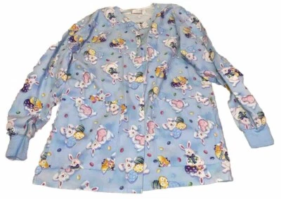 Tafford Easter Scrub Top Small LS EUC Lt Blue W Multicolored Eggs Beans Sz Sm EC - Image 1 of 4