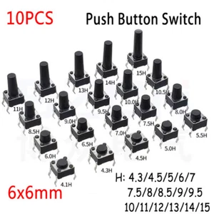 6x6mm Momentary Tactile Tact Push Button Switch 4.3mm~15mm 4Pin Through Hole x10 - Picture 1 of 19