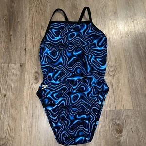 SPEEDO FLYBACK POWERFLEX ECO Speedo Negro Azul Reflejos de Agua Talla 8/34 Usado en Excelente Condición - Imagen 1 de 11