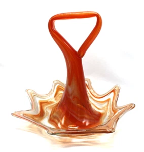Vintage Orange Swirl Hand Blown Art Glass Tidbit Tray with Handle 9" T 10" W - Picture 1 of 20