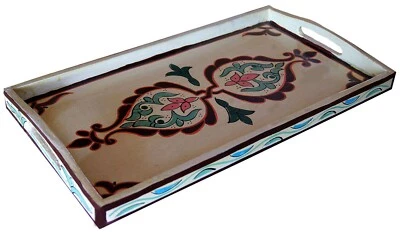 Serving Tray Platter Moroccan Wood Tea Coffee Snacks Handmade Decorative Beige - Image 1 of 4