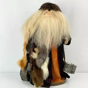 16” Rustic Santa W/ Basket Of Feathers Fur Wood Stand Handmade Old World Clauses - Picture 1 of 9