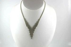 Vintage Silver Tone Metal Rhinestone V Neck Choker Necklace Fold Over Clasp  - Picture 1 of 2