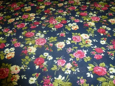  NEU Stoff 100 % Baumwolle Patchwork  Leinenoptik Rosen dunkelblau  - Bild 1 von 2
