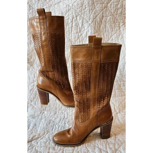 Cole Haan Arden Tall Boots Cognac Brown 7B Leather Basket Weave *Unworn - Picture 1 of 8
