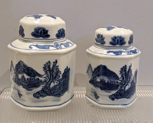 Tarros hexagonales de jengibre Toyo China azul y blanco (2) con tapa cerámica Chinoiserie - Imagen 1 de 9