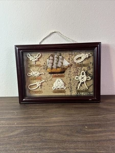 VTG Nautical Mayflower Ship with Assorted Roping Knots Display 12 x 9 Shadow Box - Picture 1 of 12