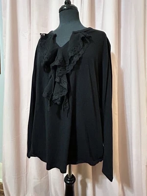 Top túnica Jones New York Signature mujer 3X negro encaje frontal volante victoriano Foto 1 de 4