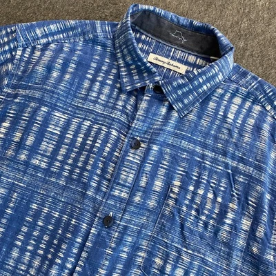 Tommy Bahama Shirt Mens Large Blue Daybreak Batik 100% Silk EdgeWood Tahoe Logo - Image 1 of 4