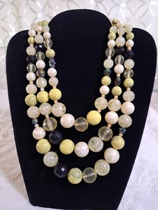 Vintage 1950s 3 Strand Lucite Bead Necklace Yellow Pearl Black Iridescent Mid... - Picture 1 of 11