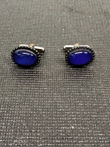 E6 Vtg 925 Sterling Silver Dark Blue Stone Oval Cufflinks - Foto 1 di 9