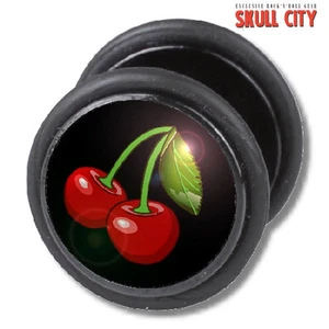 BLACK CHERRIES FAKEPLUG - Fake Piercing Picture Plug Ohrstecker - Cherry Pin Up - Picture 1 of 1