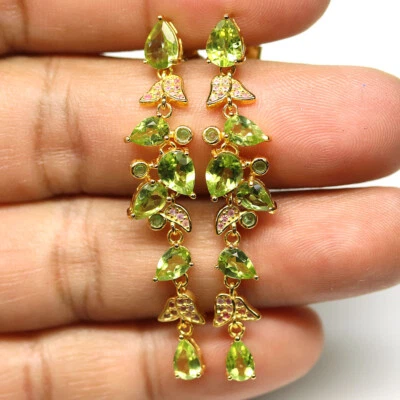 925 Sterling Silver Green Peridot & Sapphire Earrings 18K Gold Plated Christmas - Image 1 of 4