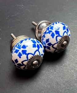 2 Vintage Anthropologie Porcelain Round Blue White Door Knob Cabinet Drawer Pull - Picture 1 of 3