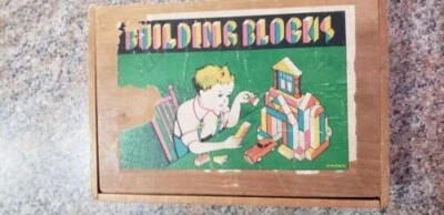 Vtg wooden building block set, made in Japan, dovetail box toy  - Image 1 of 4