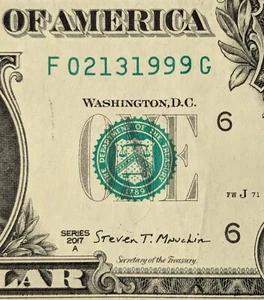 2017 A $1 bill fancy serial number, birthday date note 02131999 Feb 13, 1999 - Picture 1 of 4