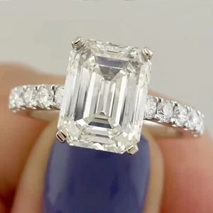 3.50 Ct Emerald-Cut Real Moissanite Halo Engagement Ring 14K White Gold Plated - Picture 1 of 5