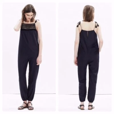 NWT Madewell Mirasol Fringed Black Silk Embroidered Neckline Boho Jumpsuit Small - Image 1 of 4